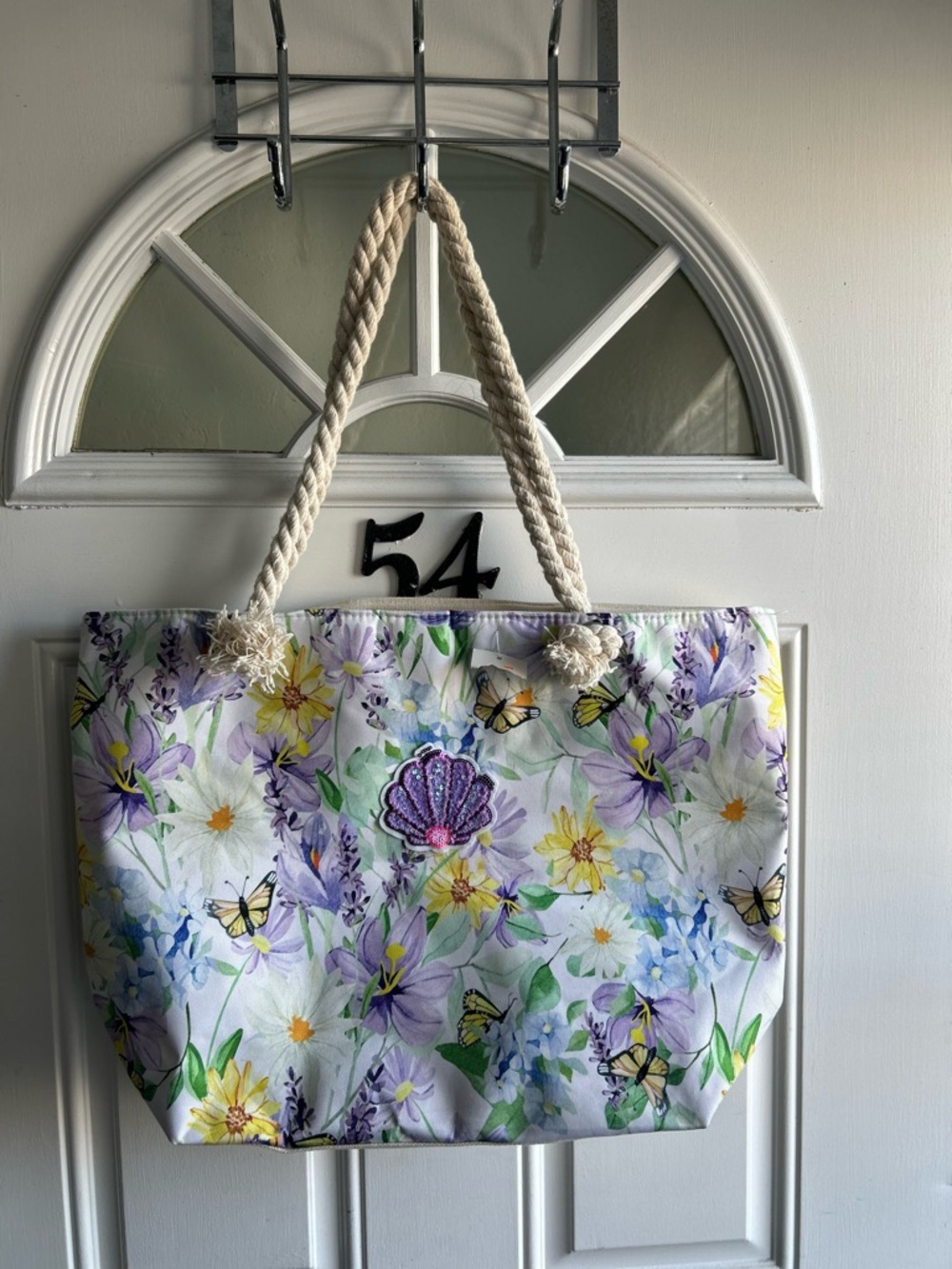 Private Label Floral Beach Tote with Rope Handles - Purple, Yellow, Green